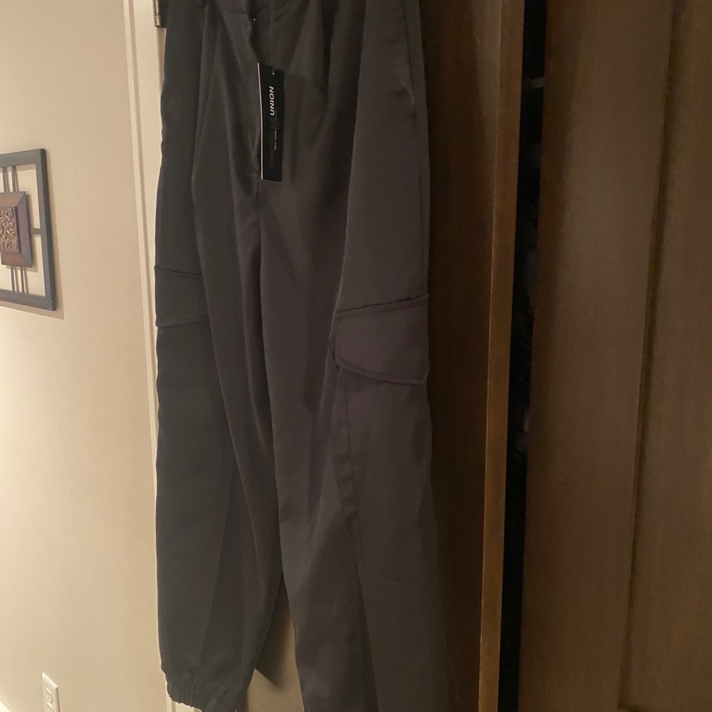 Gabrielle Union Black Satiny Cargo Joggers